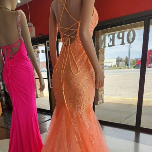 Beautiful prom/formal dress.  Like new. Worn once. Orange/ coral color dress. - Picture 2 of 5